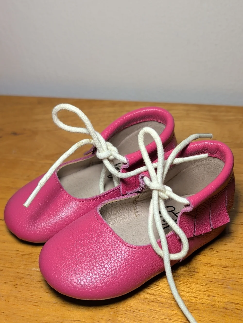 Monkey Feet Pink Leather Moccasins with Fringe White Laces Girls Size 12-18M